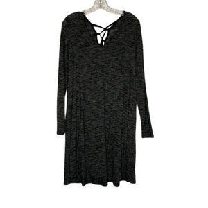 Just Be Dress Women's 1X Heathered Black Speckled Long Sleeve Lace Up Tie Hacci